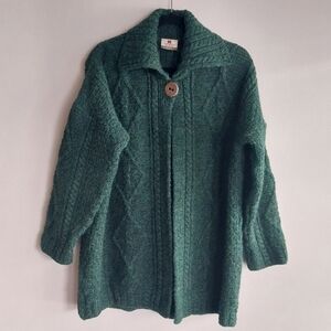 Carriagdonn Made In Ireland 100% Pure New Wool Green Cable Knit Cardigan